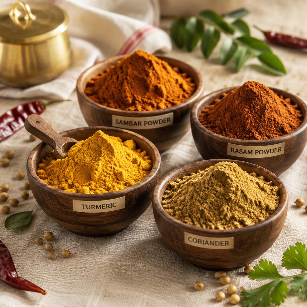 Masala / Kura / Sambar Karam — A balanced masala blend for curries and sambar.