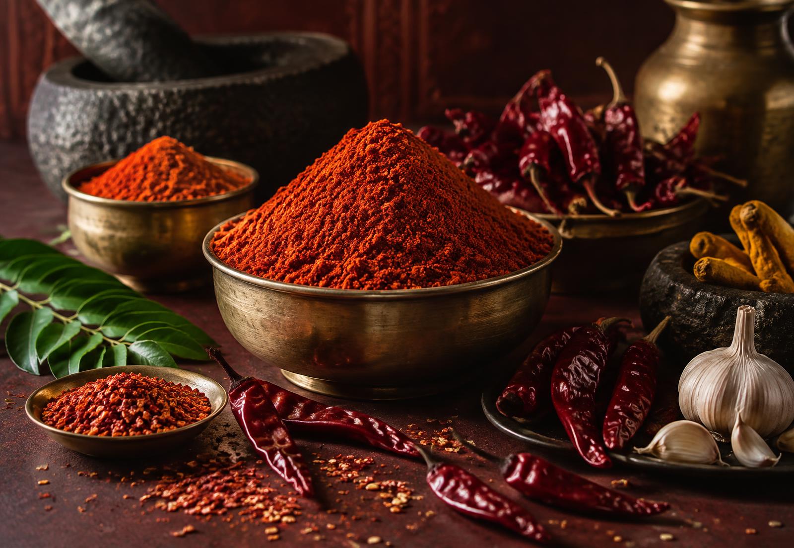 Andhra chilli powder, dried red chillies and traditional spices